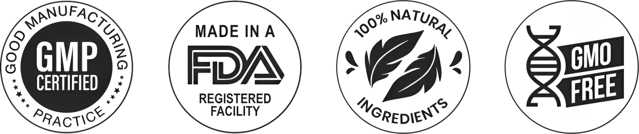 Trust Badges: GMP Certified, FDA Registered, 100% Natural, GMO Free